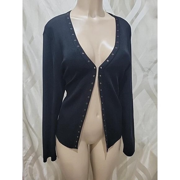 Alfani Sweaters - Alfani Vintage Black Viscose Rayon Knit Slinky Eyelet Trim Cardigan- Size Large